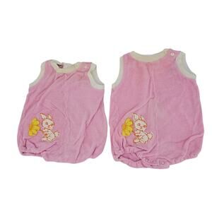 Vintage 70's Pastel Pink & Bunny Terry Cloth Bubbler Romper Twin Girls 9 mo 4029